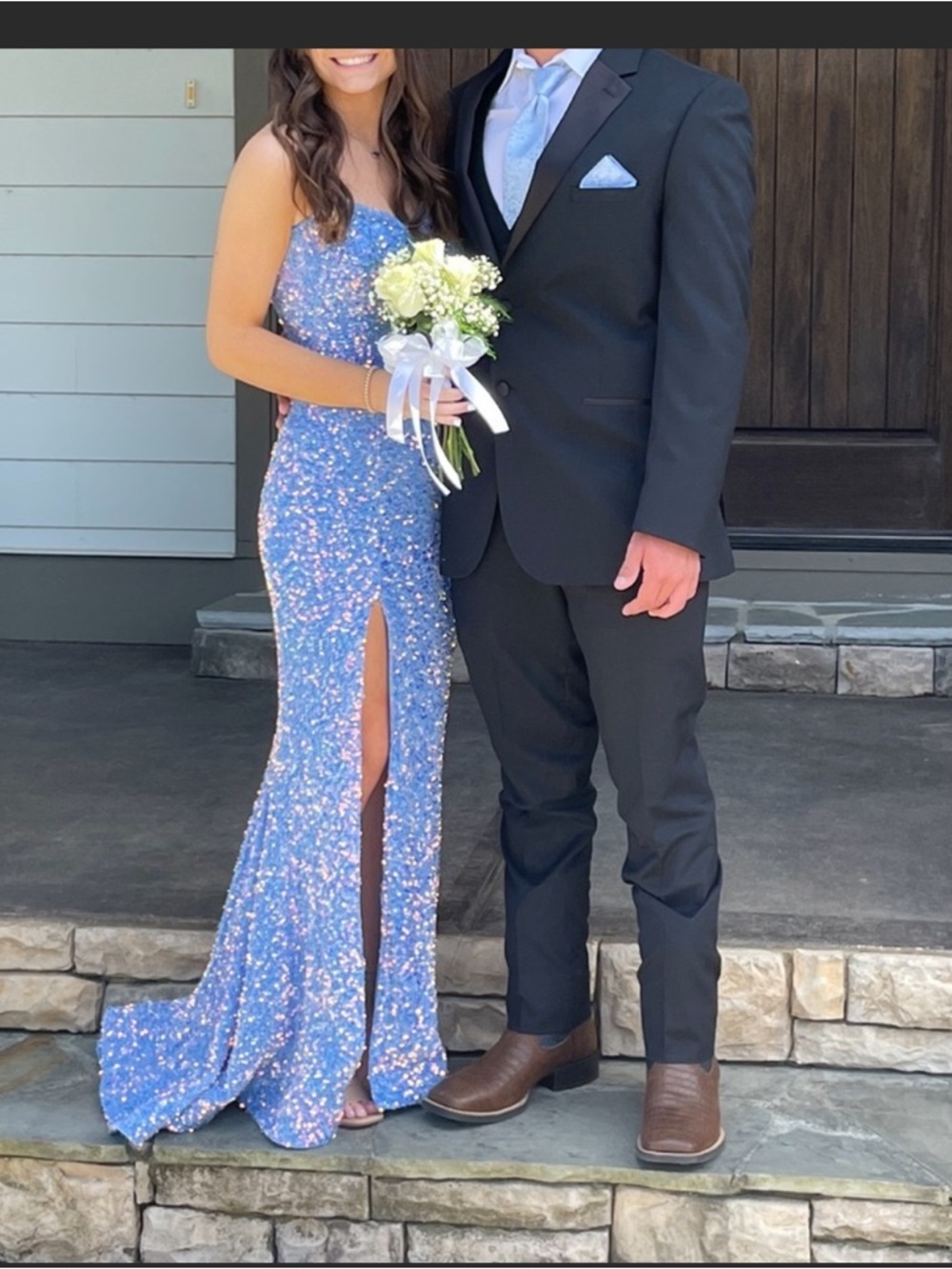 Sparkling Light Blue Sequin Prom Gown with Thigh Slit